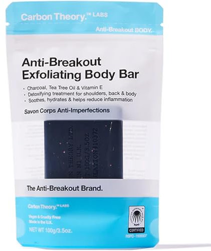 Carbon Theory Body Scrub Exfoliator Bar - Activated Charcoal Soap Bar, Tea Tree Body Wash Bar - Shea Butter, Charcoal and Tea Tree Soap Bar - Back & Body Spot Treatment, 100g