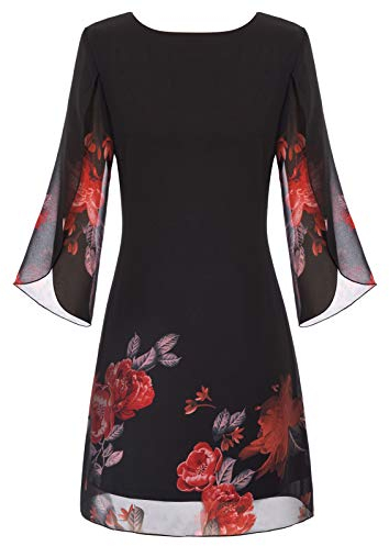 GRACE KARIN Women's Elegant Chiffon Dress 3/4 Sleeve Lightweight Crew Neck Ceremony Dress for Party Black Floral S
