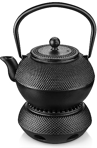 Velaze Cast Iron Teapot Set,1100 ml/37oz Japanese Teapot Heat Preservation with Warmer and Stainless Steel Infuser,Durable Cast Iron with Fully Enameled Interior,Beautiful Hammered Design