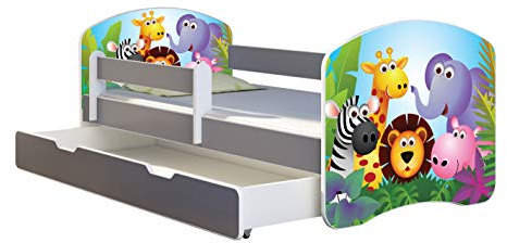 ACMA Kinderbett Jugendbett mit Einer Schublade und Matratze Grau mit Rausfallschutz Lattenrost II (01 Zoo, 180x80 + Bettkasten)