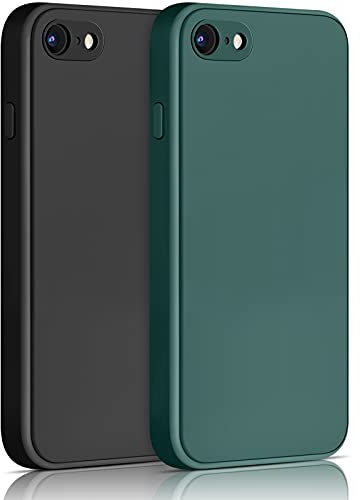 Yisica 2 Pack Silicone Coque Compatible pour iPhone SE 2020 / iPhone 8 / iPhone 7 / iPhone SE 2022, Silicone Coque avec Doublure en Microfibre Douce Protection Complète 4,7, Noir/Vert Foncé