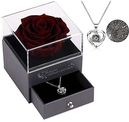 Eaprala Geschenke für sie konservierte echte Rose Schublade Ewige handgemachte konservierte Rose mit Halskette 100 Sprachen Geschenk, verzauberte echte Rose Blume zum Valentinstag Muttertag (Weinrot)
