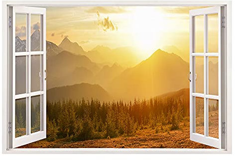 Advertising & Displays Werbecenter Berlin GmbH Leinwandbild mit Fensterblick - Berge Sonnenaufgang 120 x 80 cm - Keilrahmen mit Druck