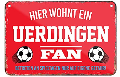 Hier wohnt ein Uerdingen Fan Blechschild - Metallschild mit Kordel und Saugnapf - Fussball Fans Ultras Anhänger Begeisterte - Wanddeko Türdeko Man Cave Jugendzimmer Werkstatt Wohnzimmer - 18x12cm