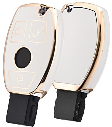 OATSBASF Autoschlüssel Hülle für Mercedes Benz, Schlüsselhülle Cover für Mercedes Benz W204 W211 2-3 Keyless Tasten A B C E Class (Goldener Rand-Weiß)