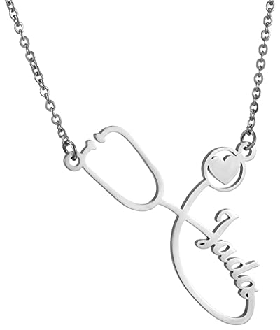 JewelryWe Schmuck Namenskette Damen Edelstahl Personalisierte Halskette Stethoskop Herz Anhänger Kette mit Namen, Geschenk für Frauen Ärztin Krankenschwester (Silber)