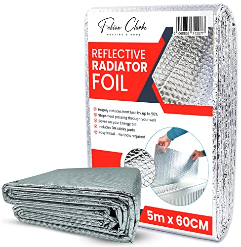 Radiator Foil Reflective Thermal Bubble Heating Insulation (5m x 60cm) Energy Saving Helps Winter Bills Easy to Cut and Install Includes Sticky Pads