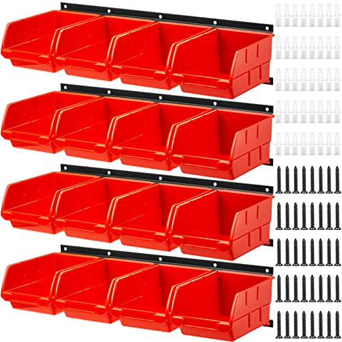 Maitys 16 Pcs Wall Mounted Storage Bins Plastic Hanging Stackable Storage Bins Parts with 4 Pcs Horizontal Shelf Trays Screw Organizer Hardware Tool Organizer for Workshop, 6.3x 3.2 x 4 Inches(Orange)
