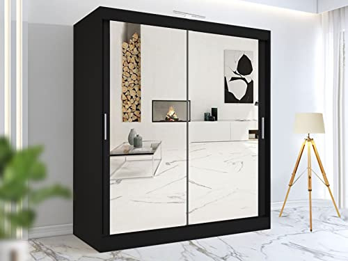 RAC3 Wardrobes for Bedroom with Mirrored Sliding Door & LED Light Premium Wardrobe Storage with Sleek Design comes in Colours Black/White/Grey/Oak- Different Sizes from 120cm - 250cm (Black, 203cm)