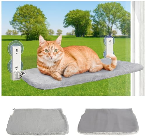 PUPAGREE Kabellose Faltbare Katzenfensterstange, Katzenhängematte für Fenster und Wand, mit 4 Saugnäpfen, Stabiler Setal-Rahmen für Glasfenster und Innenwände (Grau groß)