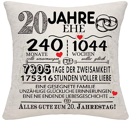 Bommex 20 Jahre Ehe Geschenk 20. Hochzeitstag Kissen Abdeckung Keepsake Dekoration Geschenk für Paare Eltern Frauen Männer Mama Papa Ehemann Frau Oma Opa Tante Onkel Freunde (20. Jahrestag)