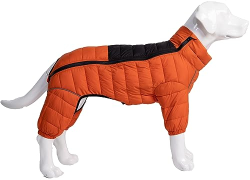 Warm Dog Coat, 4 Legs Covered Waterproof Windproof Reflective Vest, Zippered Adjustable Outdoor Snow Jacket for Small Medium Large Dogs Orange M