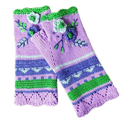 Handschuhe für Damen, Winter-Strickhandschuhe, fingerlos, mehrfarbig, gehäkelt, Blumenmuster, Daumenloch