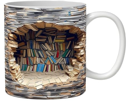 BETUFIARY 3D Bookshelf Mug,Creative Space Design Multi-Purpose Ceramic Mug,A Library Shelf Cup,3D Bookshelves Hole in A Wall Mug (Gray)