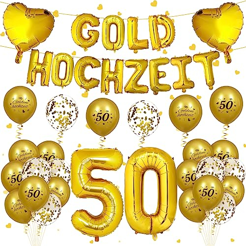 Goldene Hochzeit Luftballons Dekoration Gold 50. Jahrestag Luftballons Deko 24 Stück 50. Goldene Hochzeit Hochzeitstag Gold Zahl Foil Latex Konfetti Ballons für Innen Außen Jubiläum Party Dekoration