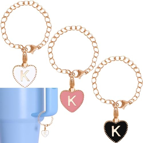 3 Pcs Letter Charms Accessories for Cup, Special Letter K, Heart Shape Initial Name ID Letter Personalized Alphabet Pendant for Stanley Cup Modern Tumbler (Pink White Black)