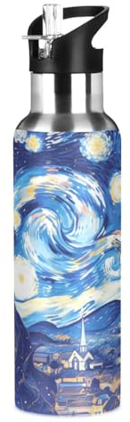Wzzzsun Abstrait Van Gogh Nuit des Étoiles Isotherme Bouteille d'eau avec Paille, Gourde Sport en Acier Inoxydable 600ML Gourdes sans BPA pour Enfant Garçon Fille École Bureau