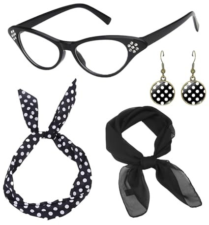 AWAVM 50er-Jahre-Kostüm-Zubehör, 1950er-Jahre-Kostüm-Zubehör, Katzenaugen-Brille, gepunktet, Bandana, Krawatte, Stirnband, Ohrringe, schwarz, für Damen, Mädchen, Damen, Kinder,