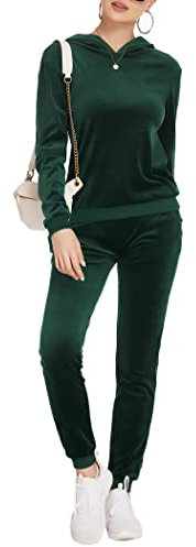 Hotouch Jogginganzug Damen Velours Winter Warm Sportanzug Hausanzug Jumpsuit Tracksuit Kapuzenpullover und Hose Trainingsanzug mit Taschen Grün M