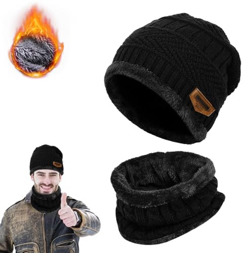DONGSZQ 2 in 1 Winter Beanie Hut, Schal, Winter Warm Mütze und Loop Schal Set, Beanie Mütze und Loop Schlauchschal, Doppelschichtiger Plüschfutterhut und Halswärmer für Herren und Damen