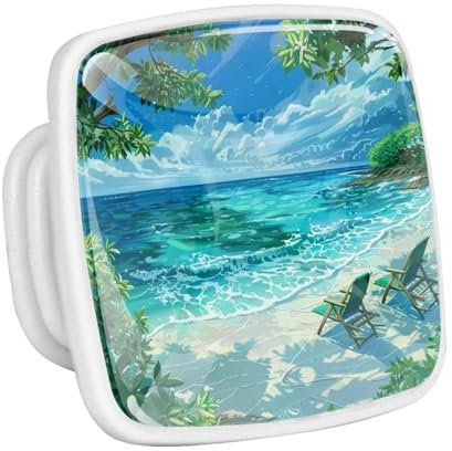 Schubladenknöpfe, Küchenknauf, 4 Stück, Meer, Strandkörbe, Bäume, fluoreszierende Schrankschublade, Griff mit Glas, ABS, Kommode, Türgriffe für Badezimmer