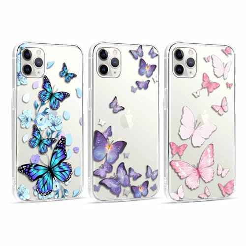 RUMDEY 3 Pack Clear Butterfly Print Phone Case for iPhone 11 Pro Max 6.5, Cute Girly Pattern Design Anti-Scratch Soft Slim TPU Silicon Protective Bumper Funda Cover for Women Girls - 01