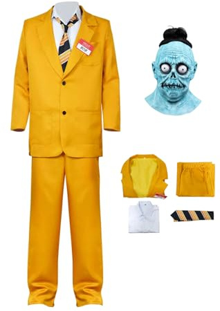 cultofmoon Disfraz de Beetle amarillo con chaqueta de traje, pantalones, camisa, zombie, bob, máscara de terror, película, cosplay, carnaval, Halloween