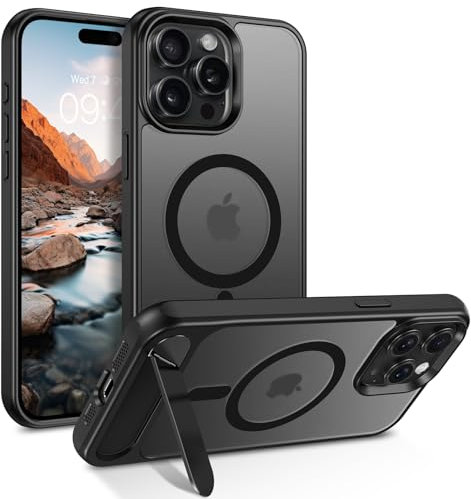 DOMAVER Hülle für iPhone 15 Pro Max (6,7) - Magnetisch Integrierter unsichtbarer Ständer | Militärischer Fallschutz | Transparente Matt-Oberfläche | Kompatibel mit Mag-Safe Zubehör, Schwarz