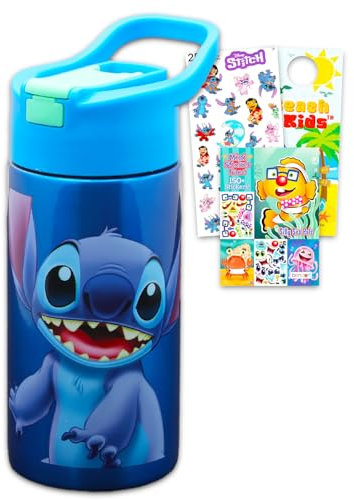 Disney Stitch - Botella de agua de acero inoxidable para niños y niñas, paquete con botella de agua reutilizable Stitch para el hogar, la escuela, más calcomanías, más | Botella de agua Lilo and
