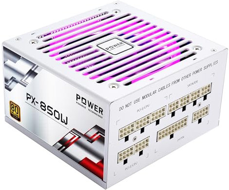 POINWER Fuente de alimentación de 850 W, Certificado 80 Plus Gold, Ventilador RGB silencioso, condensadores de 105 °C, Totalmente Modular, Fuente de alimentación de 850 W para PC de Juegos, Color