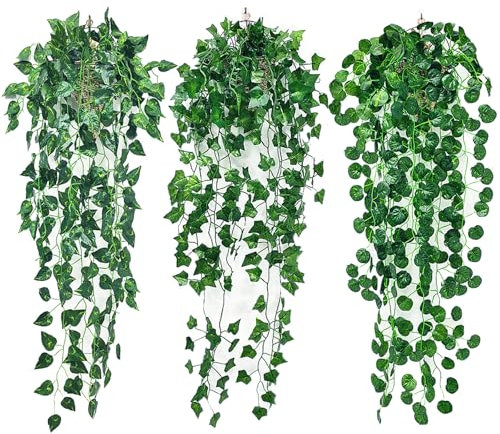 thirei Planta artificial colgante, 3 plantas artificiales colgantes, plantas colgantes artificiales, plantas colgantes de 90 cm, 3 plantas colgantes diferentes, plantas falsas para oficina, jardín,