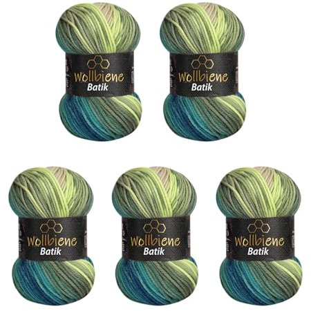 5 x 100g Wollbiene Batik 500 Gramm Wolle mit Farbverlauf mehrfarbig Multicolor Strickwolle Häkelwolle (2430 petrol grün beige)