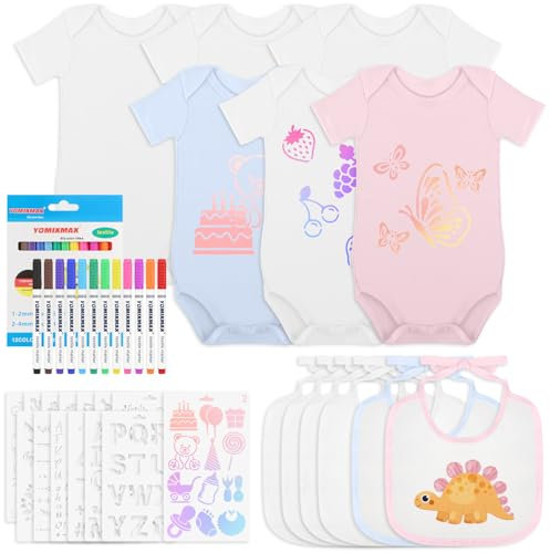 Aragallant 12 Stück Baby Lätzchen zum Bemalen, 6 Kurzarmbody aus Baumwolle Doppelseitig + 6 Lätzchen mit Farbigem Textilstift, Bodys zum Bemalen für Babyparty Babyshower Spiele