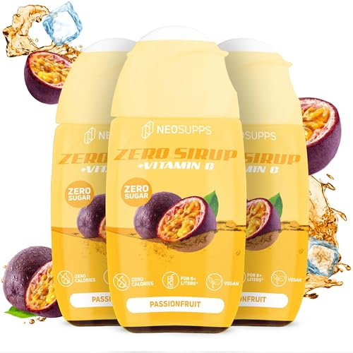 Neosupps Zero Sirup – Passionfruit Geschmack – 65 ml natürlicher Getränkesirup mit Vitamin C, 1x Flasche ergibt 8 L Fertiggetränk, Zero Kalorien & zucker Getränkekonzentrat, 3x 65ml Fertiggetränk