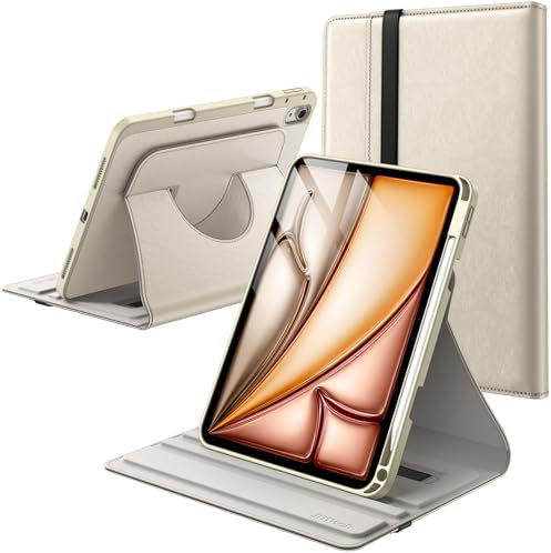 JETech Funda Giratoria para iPad Air 11 Pulgadas M3/M2 (2025/2024), iPad Air 5/4 (2022/2020 5.ª/4.ª 10,9 Pulgadas) con Soporte para Pencil, Carcasa Cuero PU Rotación 360 Grados (Blanco Estrella)