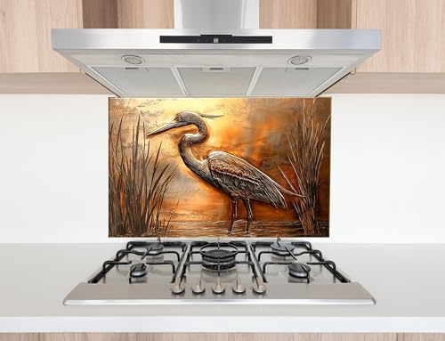 Myphotostation Graceful Heron by the Marsh Glass Backsplash Tempered Glass Spritzschutz für Küche, Herd Wandschutz, Herd Wandpaneel, Herd Rückseite Abdeckung