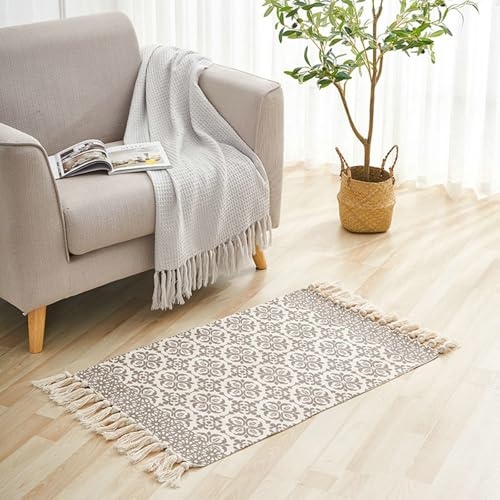 Homxi Aussenteppich Rechteckig 60 x 90 cm + 20 cm, Balkonteppich Baumwolle, Blumenmuster mit Quasten, Teppich Kaffee Modern
