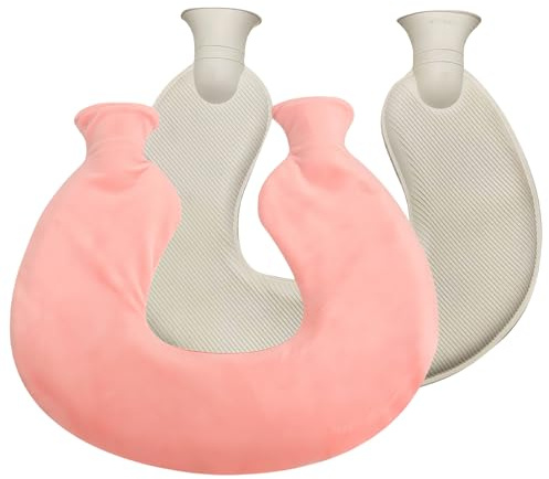 GOEDCH Nacken Wärmflasche: 36.5×31.5cm Doppelkopf Rosa U-Förmiges Design Nackenwärmflasche, Wärmflasche mit Flauschigen Fleece Bezug, Schulter Nacken wärmflasche, für Entspannung und Schmerzlinderung