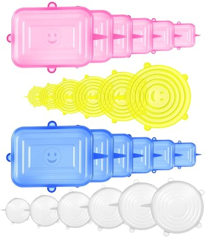 24 Stück Dehnbare Silikondeckel, Dehnbar Silikon Abdeckung in Verschiedenen Größen Stretch Universal Deckel Set Wiederverwendbar Silikon Lids für Schüsseln Becher Dosen Tassen Obst