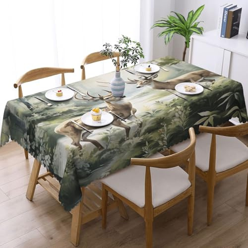 Entemne Rechteckige Tischdecke, Motiv: Wald, Hirsch, Tier, wasserfest, abwischbar, Tischdecke mit Spitze, für Küche, Party, Dekoration, 183 x 137 cm