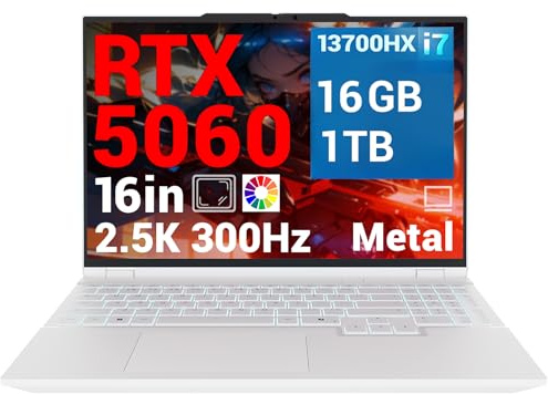 FIREBAT Gaming Laptop i7, 300Hz, RTX 5060 GPU, Intel Core 13700HX CPU, 2560x1600 16:10 WQXGA Display, 16GB(8x2) DDR5 RAM, 1TB PCIe4.0 SSD, Backlit QWERTY Keyboard, White Metal Laptop Gamer【Huan16 Pro】
