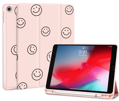 Fycyko Hülle für iPad 9./8./7. Generation 2021/2020/2019, iPad 10,2 Zoll Hülle mit Stifthalter,Trifold Ständer mit Kratzfest,Cute Happy Smile Face Muster Schutzhülle-Rosa
