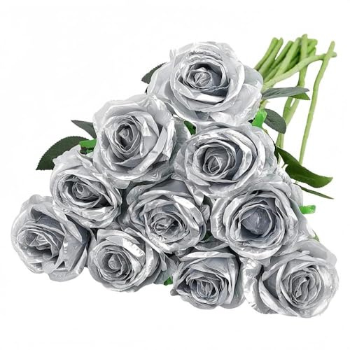 10 Pcs Artificial Roses, Silver Fake Roses Artificial Flowers