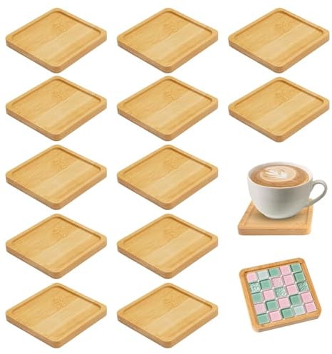 12 Stück Holzuntersetzer Quadratisch, 9cm Untersetzer Holz Bambus Tablett Kleines Tablett mit Rand Mosaik Untersetzers Bastelset Holztablett für DIY Basteln Trinkbecher Wohnzimmer Deko