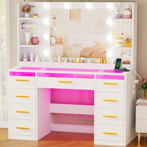 ANWBROAD Schminktisch mit Spiegel und LED-Beleuchtung RGB Glasplatte | Verstellbaren 3 Farben Große Schminktisch mit Steckdose 9 Schubladen 4 Ablagen weiß BDT95W