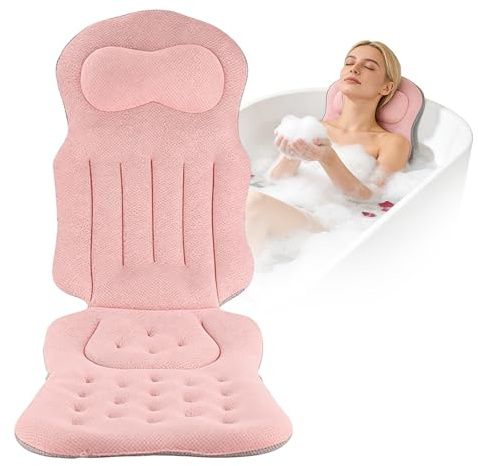 ALKNOT - Cuscino intero per vasca da bagno, tappetino da bagno ispessito con poggiatesta supporta collo, schiena e gambe, cuscino per vasca da bagno con ventose e ganci sospesi (rosa)