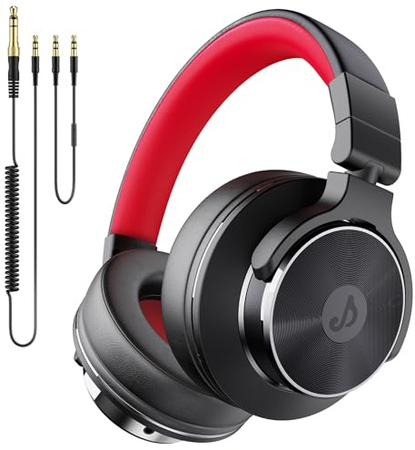Rumoon Wired Over Ear Headphones, Studio Monitor & Mixing DJ Headphones with 50mm Neodymium Drivers and 1/4 to 3.5mm Jack for Guitar AMP Podcast Piano Keyboard (Black Red)