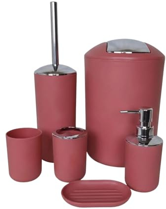 G.mütlich Badezimmer Set 6-teilig, Badaccessoires Komplettset Kunststoff, WC Garnitur mit Klobürste, Mülleimer, Zahnputzbecher, Seifenspender & Schale, Bad Zubehör Deko (Rot)