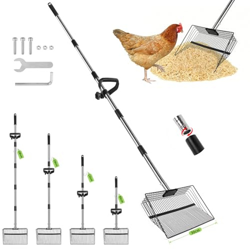 SUPAWAY Pala para gallinaza 30 cm Pala para gallinero de Mango Largo 4 en 1 Colador de Metal Ajustable con Mango ergonómico 89–190cm Herramienta de Limpieza para gallinero, Separa heces y Cama