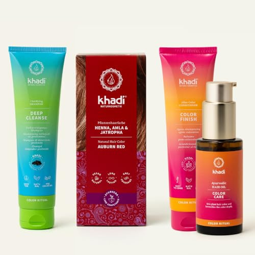 khadi ColorCycle HENNA CON AMLA Y JATROPHA Kit completo - Tinte vegetal para el cabello + DEEP CLEANSE Champú clarificante ayurvédico + COLOR FINISH Acondicionador para después del tinte + Aceite capi